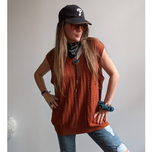 Vintage Silk Cable Knit Sweater Vest Rust Orange Grandpa Cottage Preppy Top XL - Picture 5 of 9